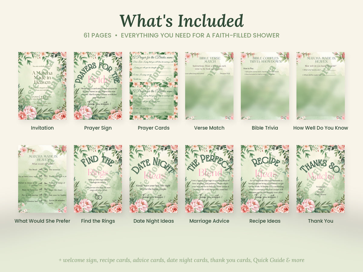 Christian Bridal Shower Bundle | Matcha Made in Heaven | 61-Page Editable Canva Template