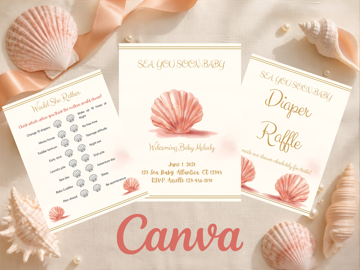 Sea You Soon Baby Shower Template Bundle | Seashell Canva Printable Kit