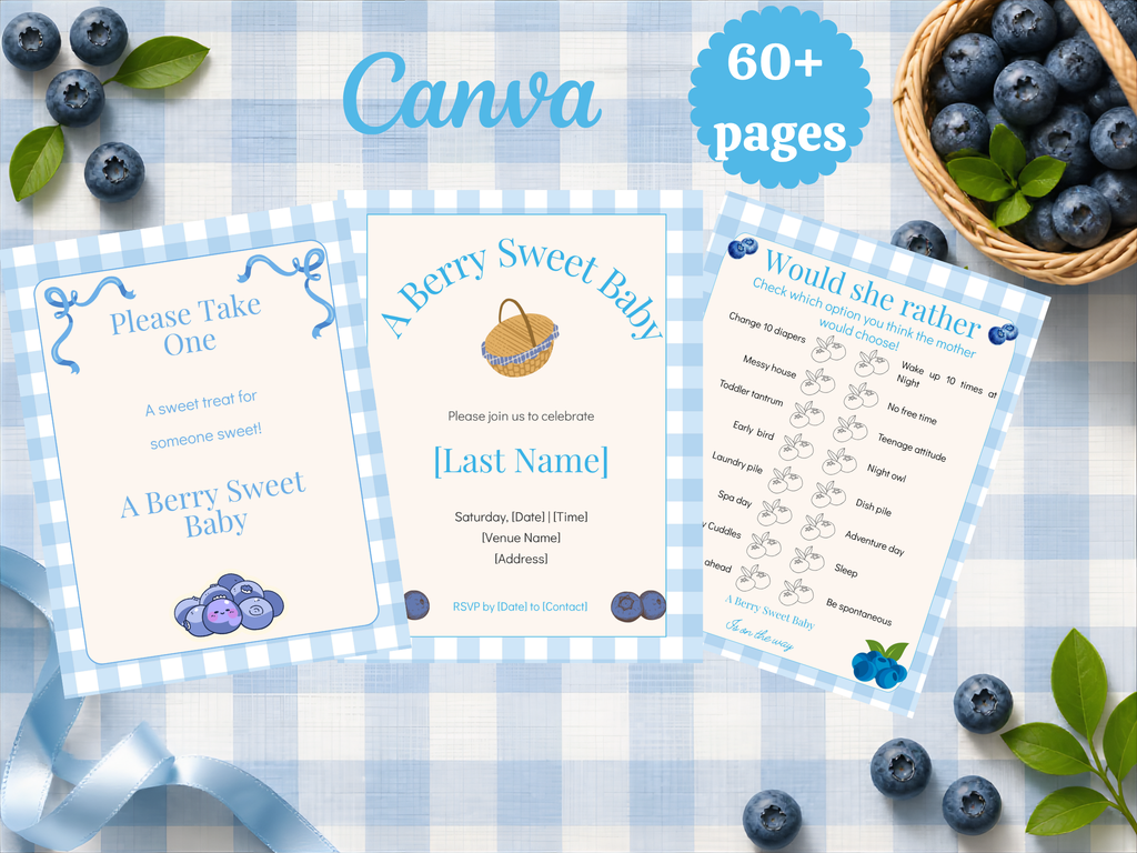Berry Sweet Baby Shower Template Bundle | Blueberry Canva Printable Kit