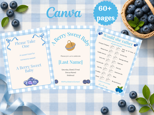 Berry Sweet Baby Shower Template Bundle | Blueberry Canva Printable Kit