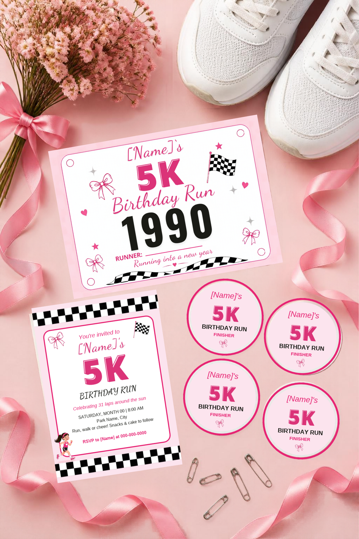 5K Birthday Run Party Kit | Editable Canva Race Bib, Invitation, Medals & Finish Line