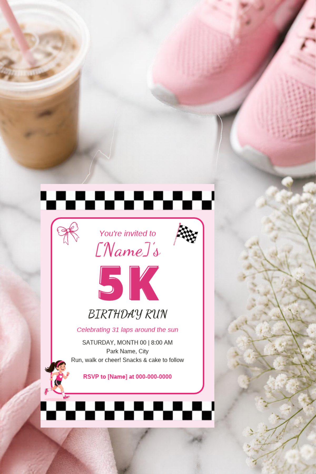 5K Birthday Run Party Kit | Editable Canva Race Bib, Invitation, Medals & Finish Line