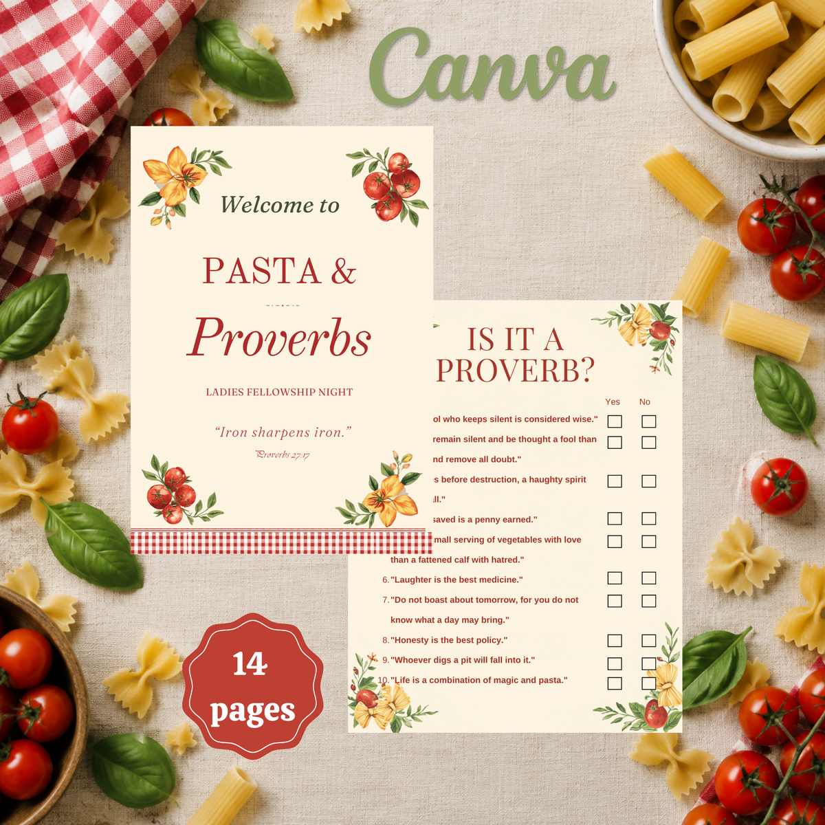 Pasta & Proverbs Ladies Night Bundle | Women's Ministry Games & Invitation | Editable Canva Template