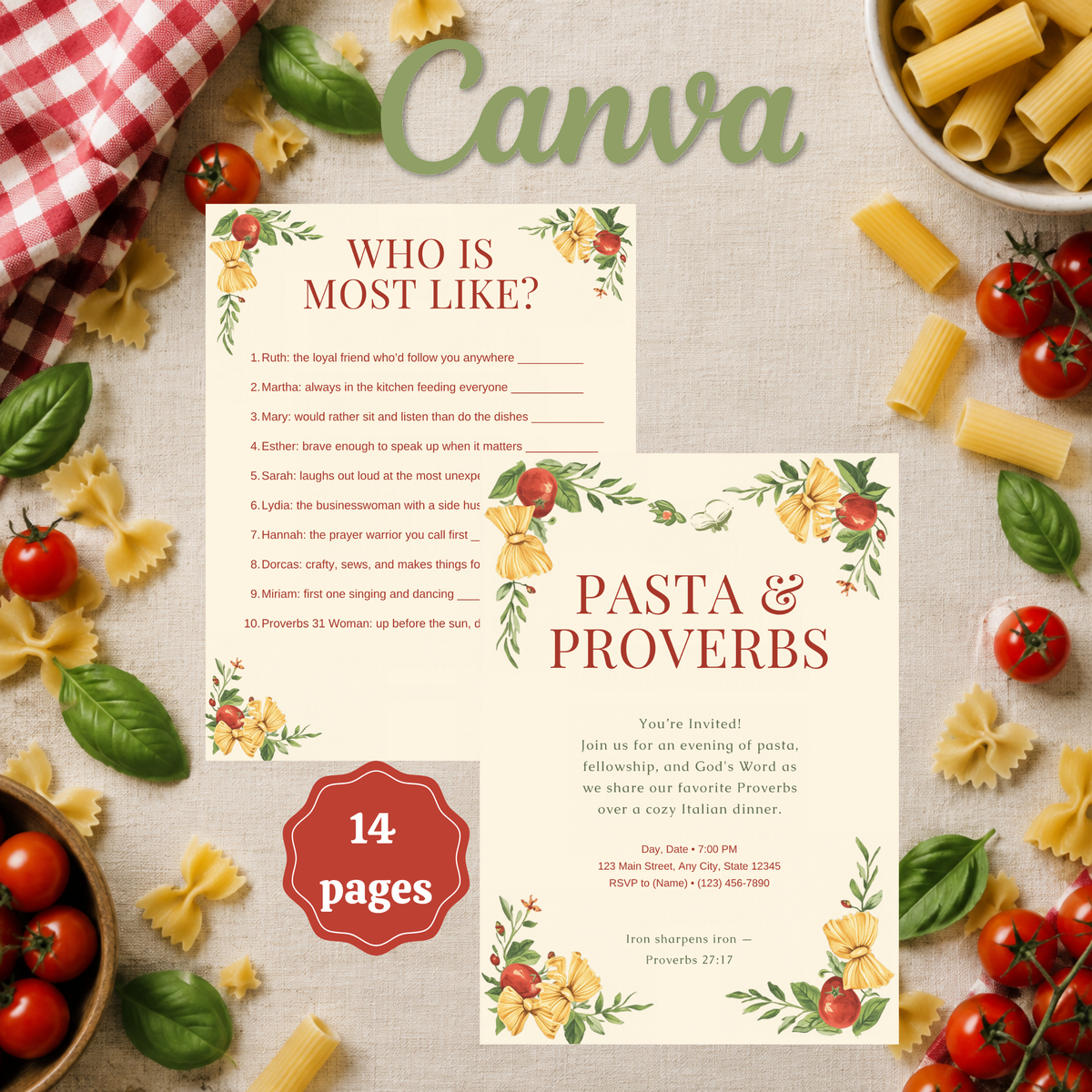 Pasta & Proverbs Ladies Night Bundle | Women's Ministry Games & Invitation | Editable Canva Template