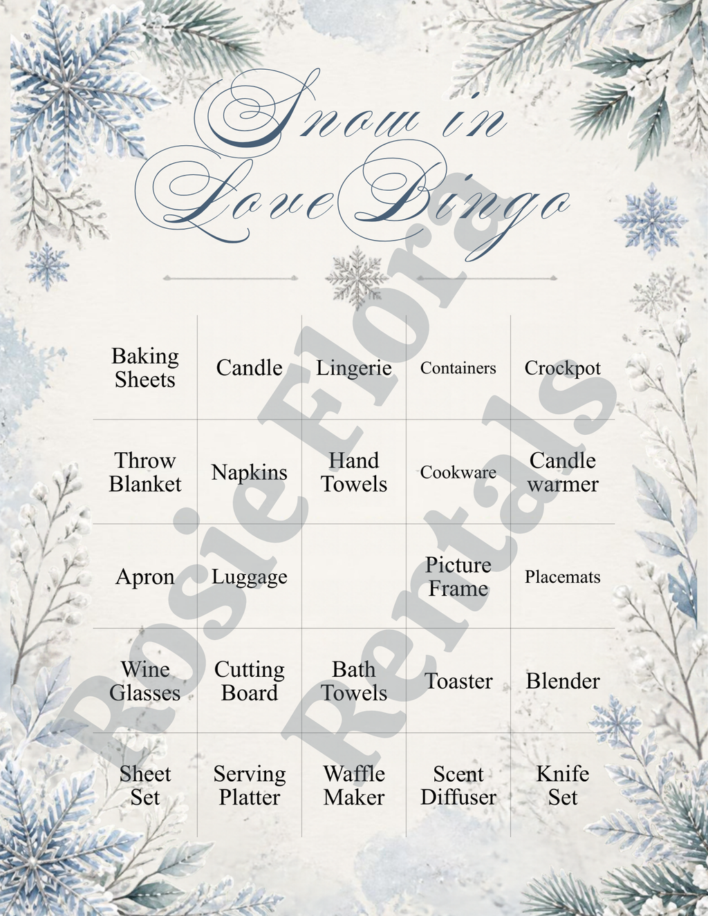 Snow In Love winter bridal shower bingo card