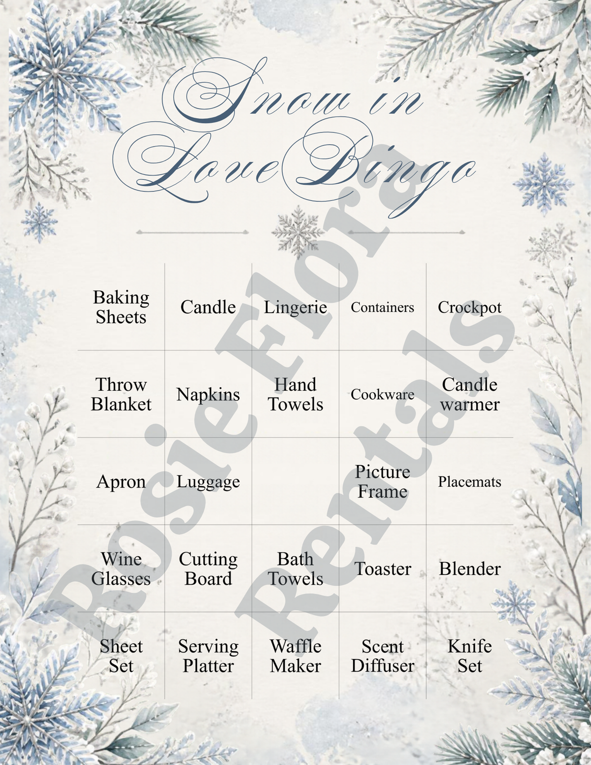 Snow In Love winter bridal shower bingo card