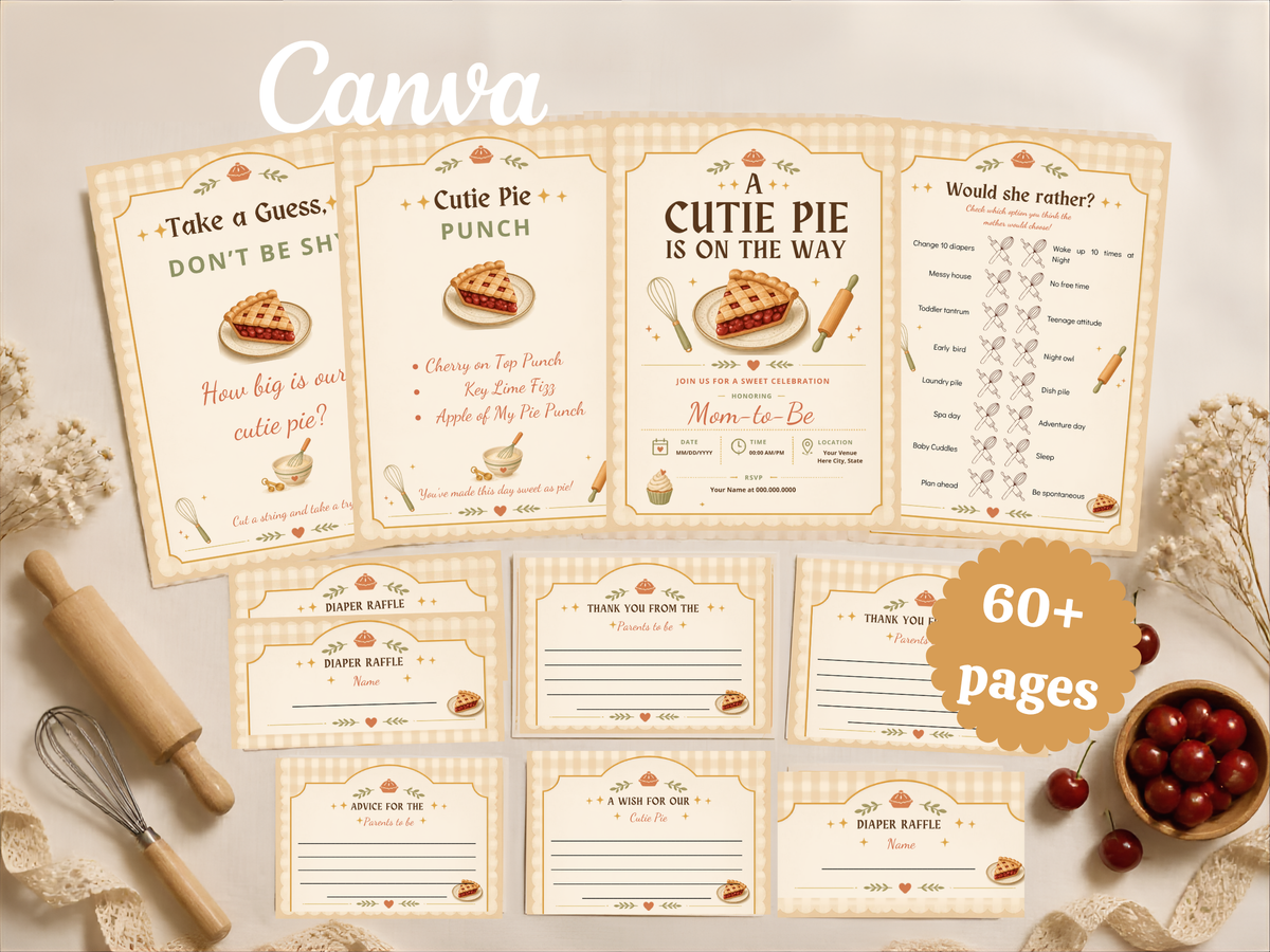 A Cutie Pie Is On The Way Baby Shower Template Bundle | Pie-Themed Canva Printable Kit