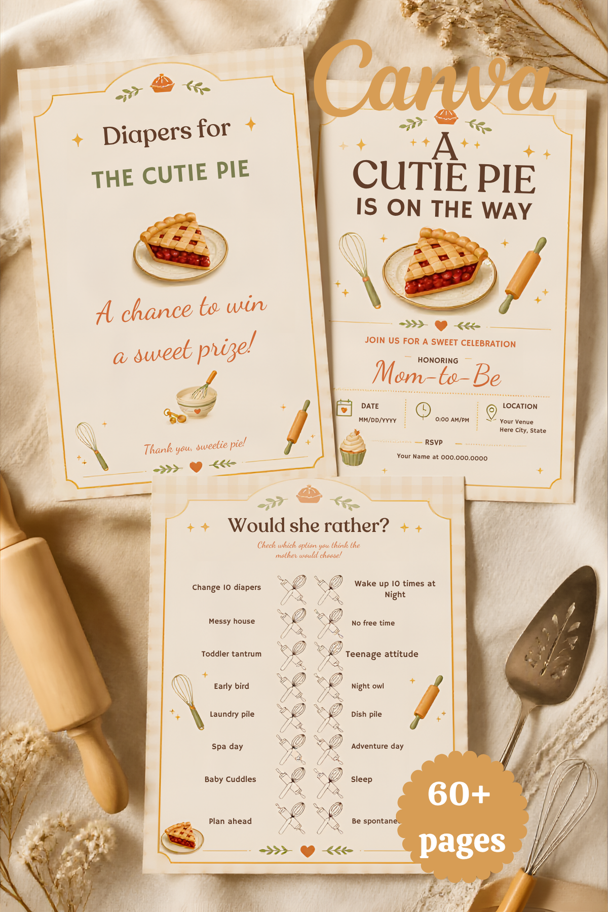 A Cutie Pie Is On The Way Baby Shower Template Bundle | Pie-Themed Canva Printable Kit