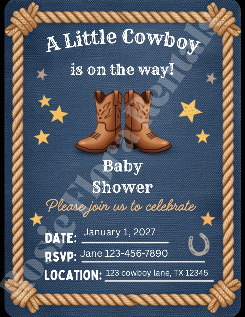 A Little Cowboy Is On The Way Baby Shower Template Bundle | Canva Printable Kit