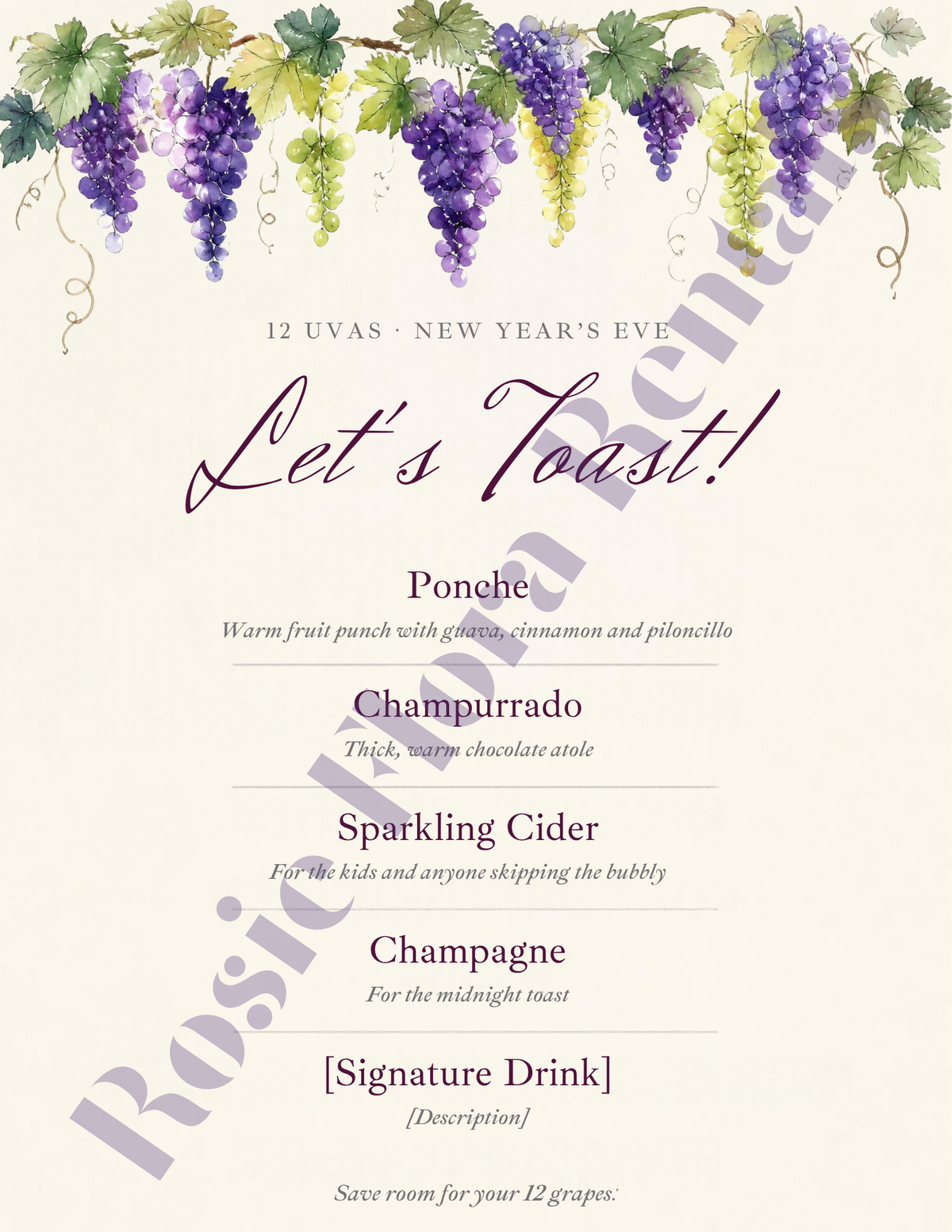 12 Uvas New Year's Eve drink menu sign with watercolor grapes