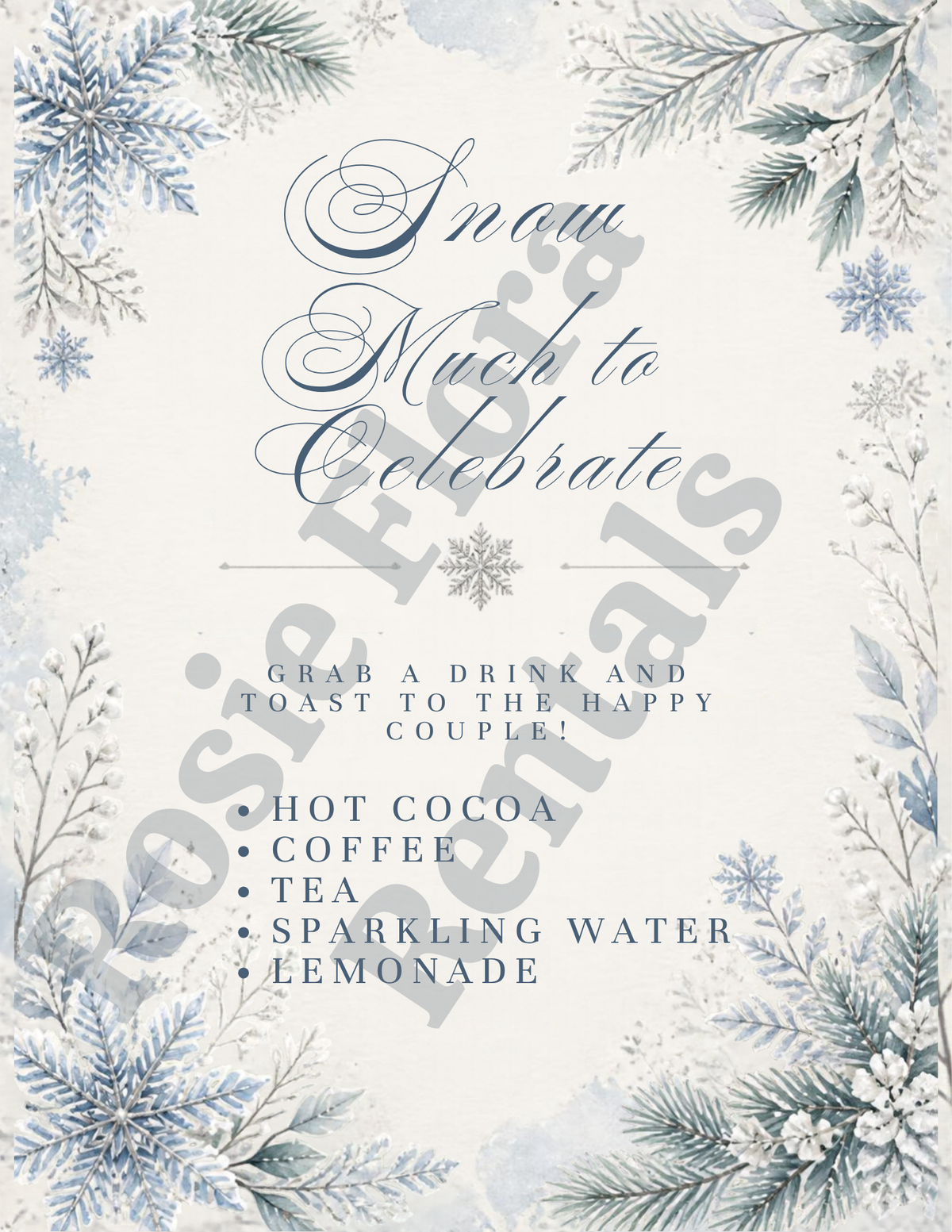 Snow In Love winter bridal shower drink station sign