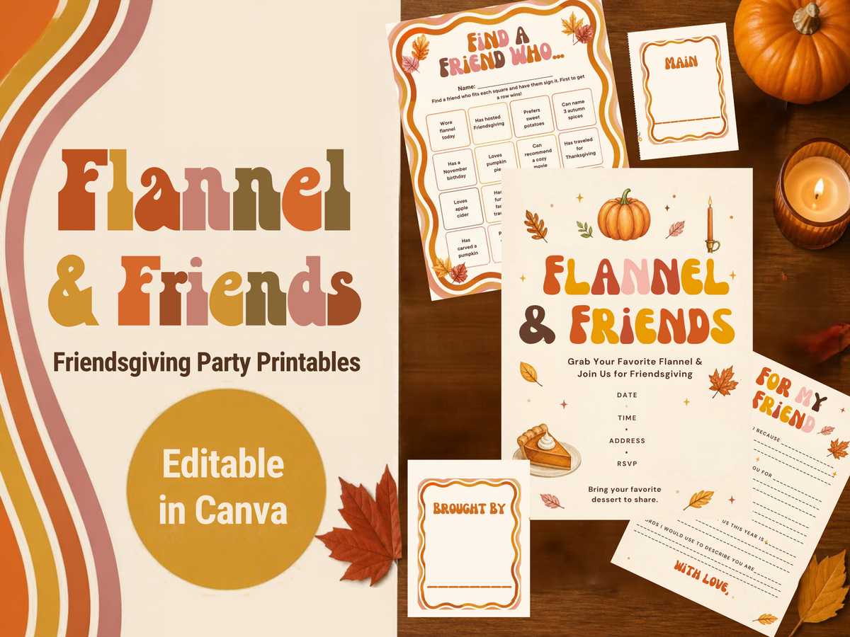 Flannel & Friends Friendsgiving Party Bundle | Editable Canva Template