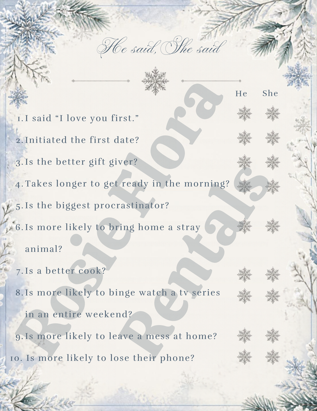 Snow In Love He Said She Said bridal shower game card