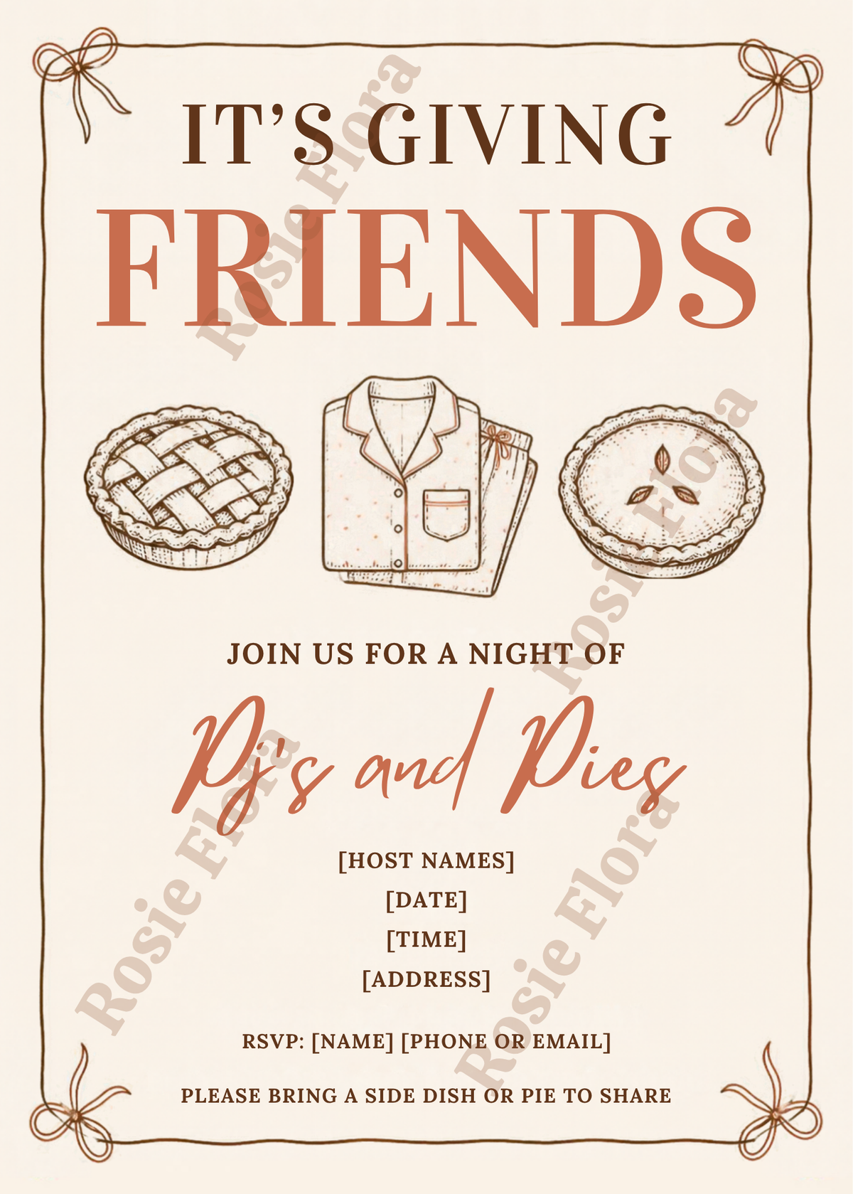 Pj's and Pies Friendsgiving Party Bundle | Pajama Party Invitation, Games & Signs | Editable Canva Template