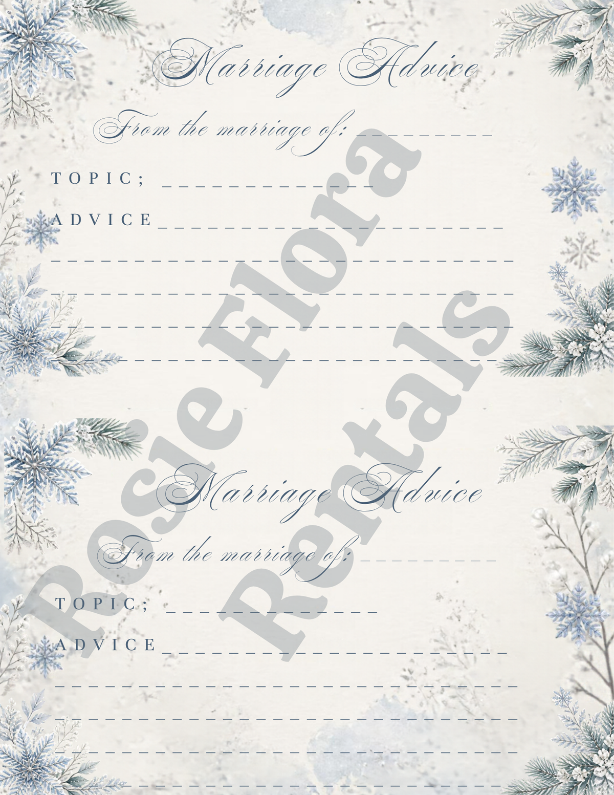 Snow In Love marriage advice cards for a winter bridal shower