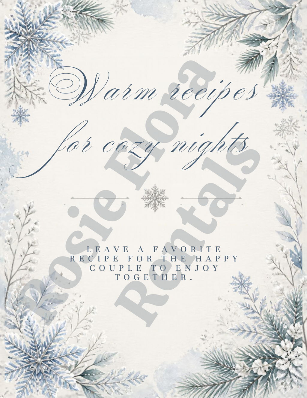 Snow In Love winter bridal shower recipe sign