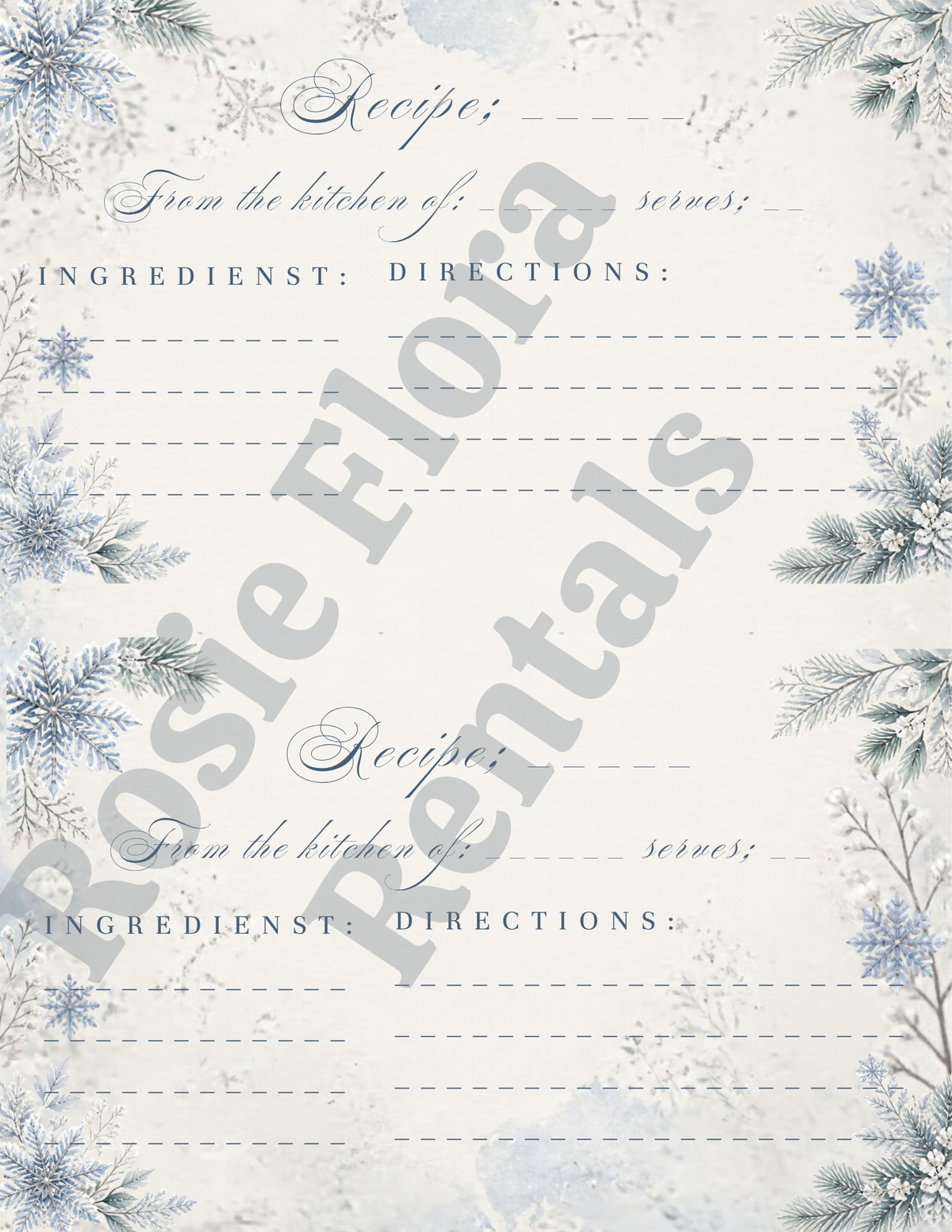 Snow In Love winter bridal shower recipe card