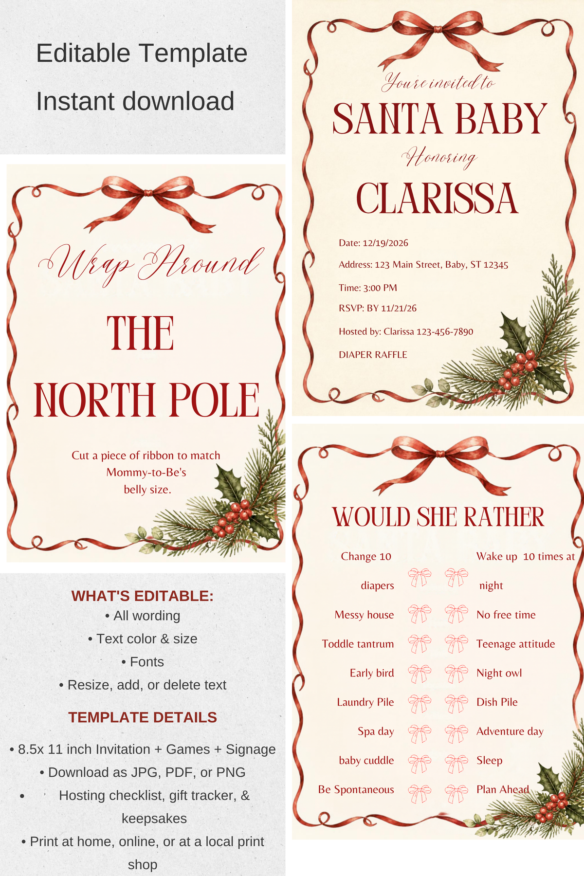 Santa Baby Baby Shower Bundle Printable | Christmas Baby Shower Games, Signs & Planner | Editable Holiday Baby Shower Template