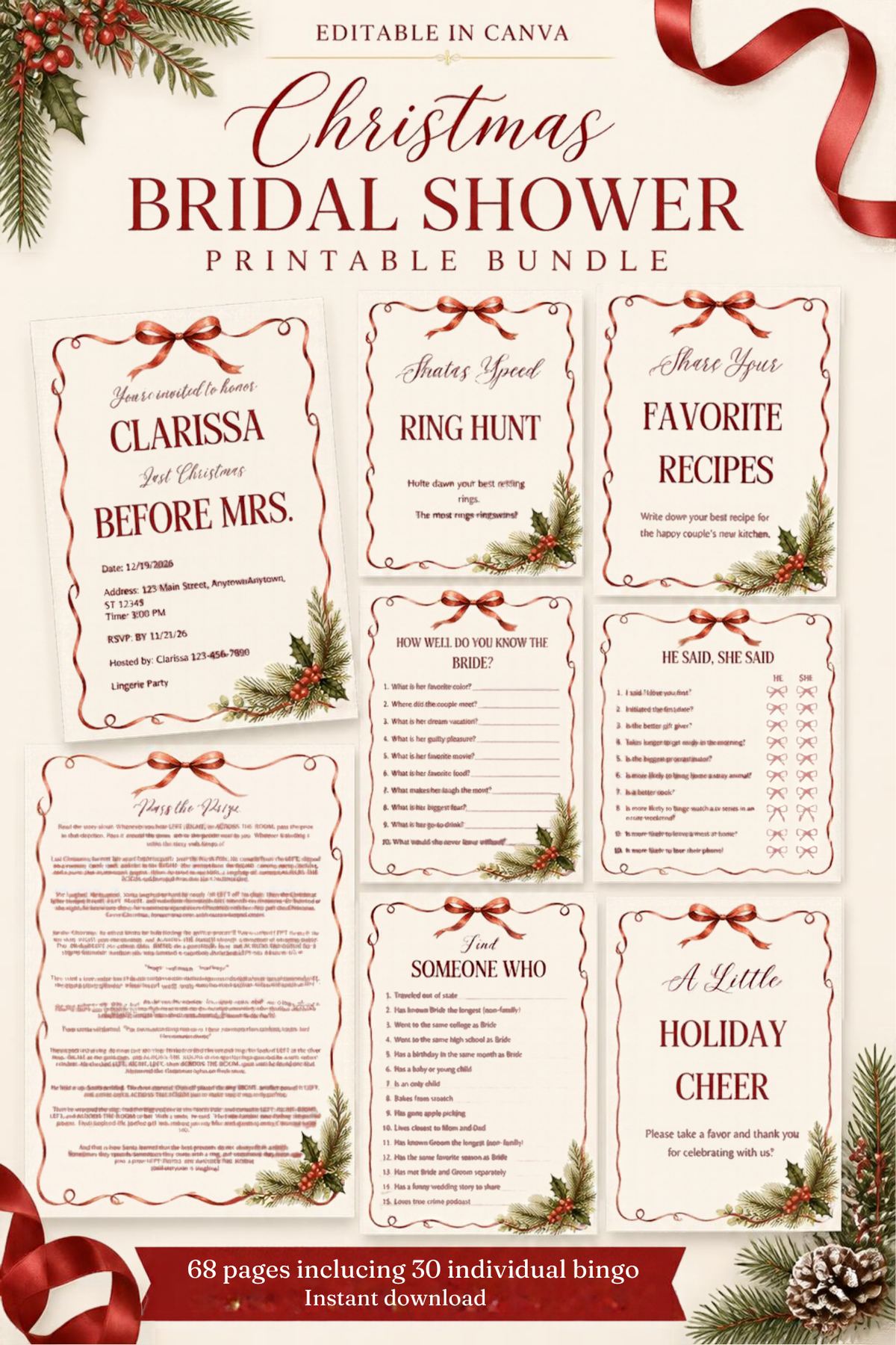 Christmas bridal shower printable games and decorations bundle