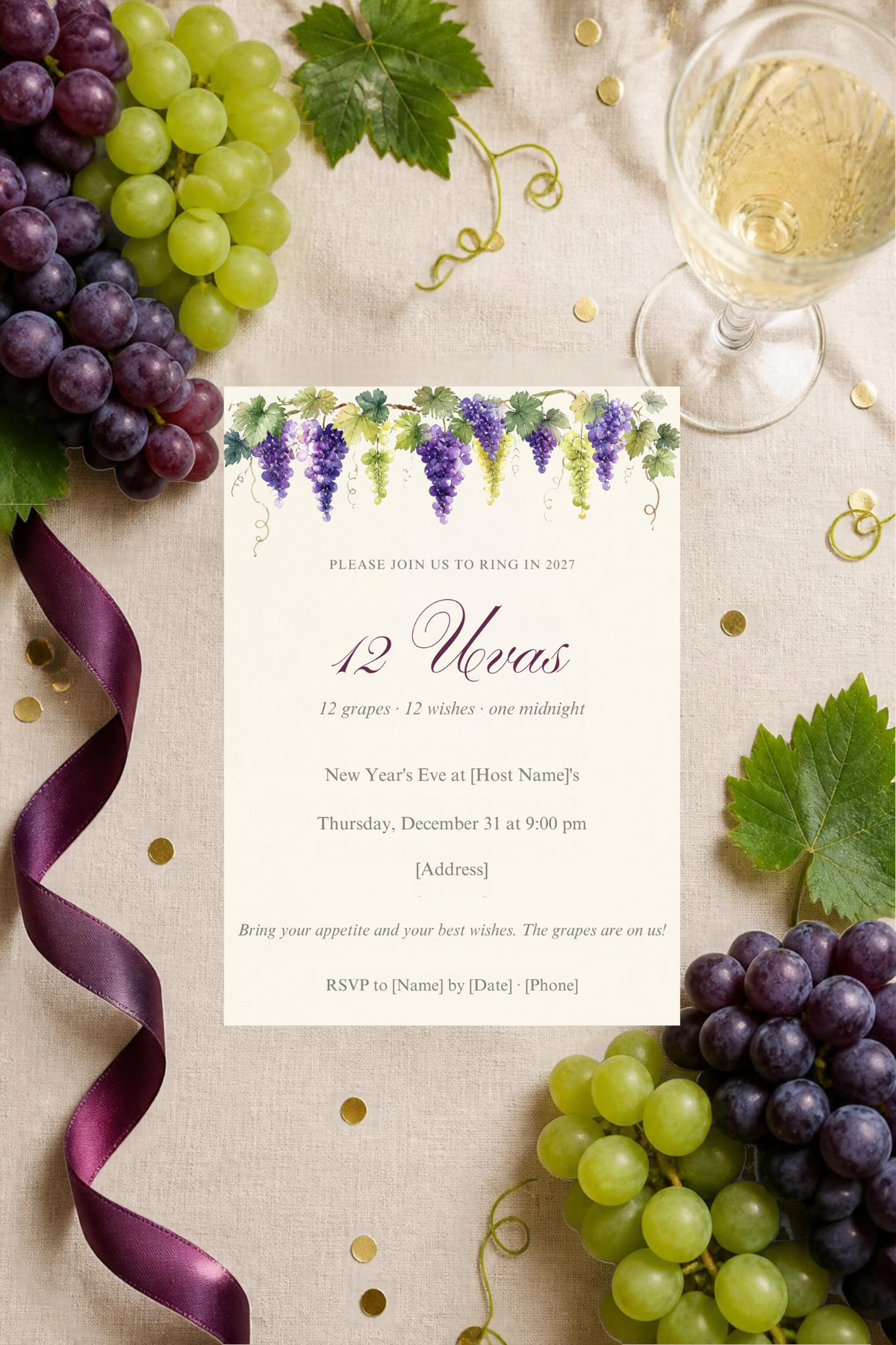 12 Uvas New Year's Eve party table styled with watercolor grape printables