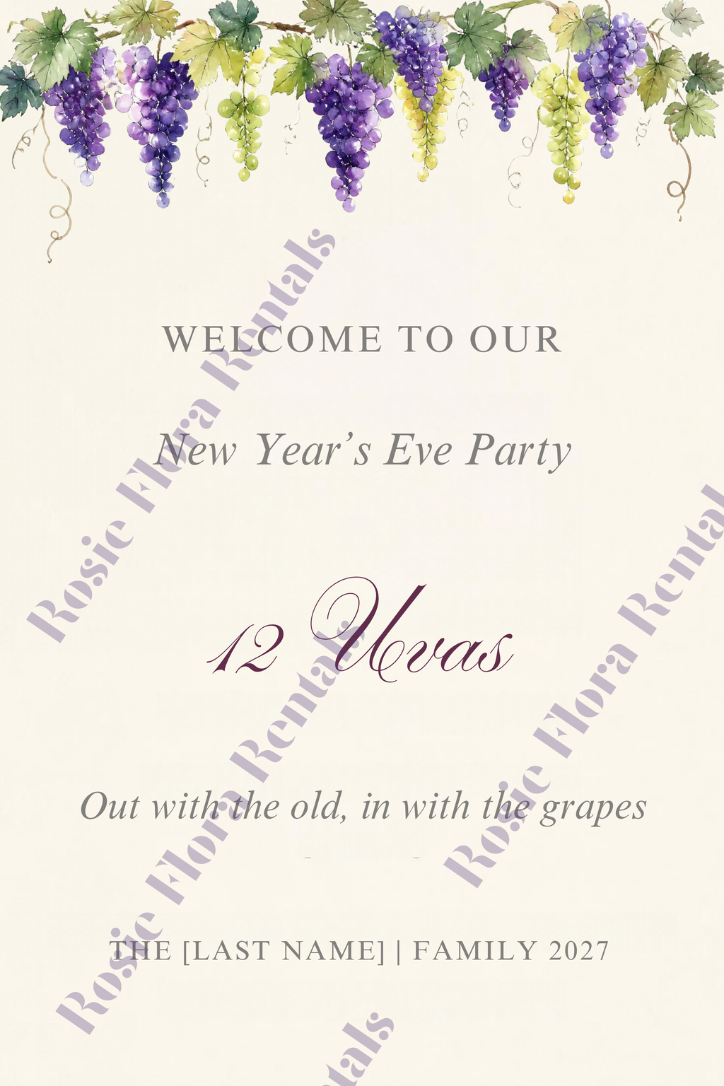 12 Uvas New Year's Eve welcome sign with watercolor grape garland