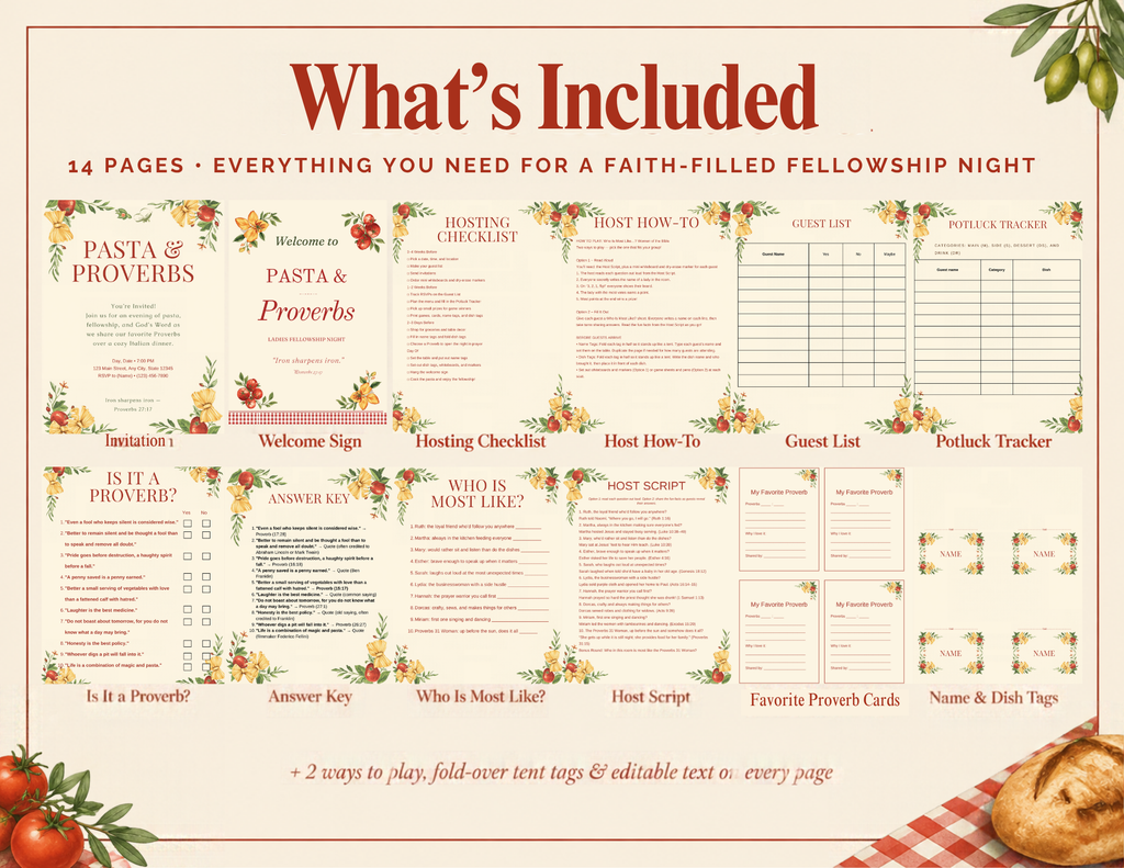 Pasta & Proverbs Ladies Night Bundle | Women's Ministry Games & Invitation | Editable Canva Template