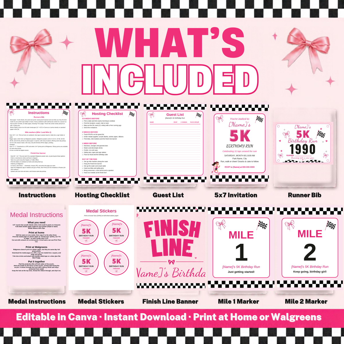 5K Birthday Run Party Kit | Editable Canva Race Bib, Invitation, Medals & Finish Line