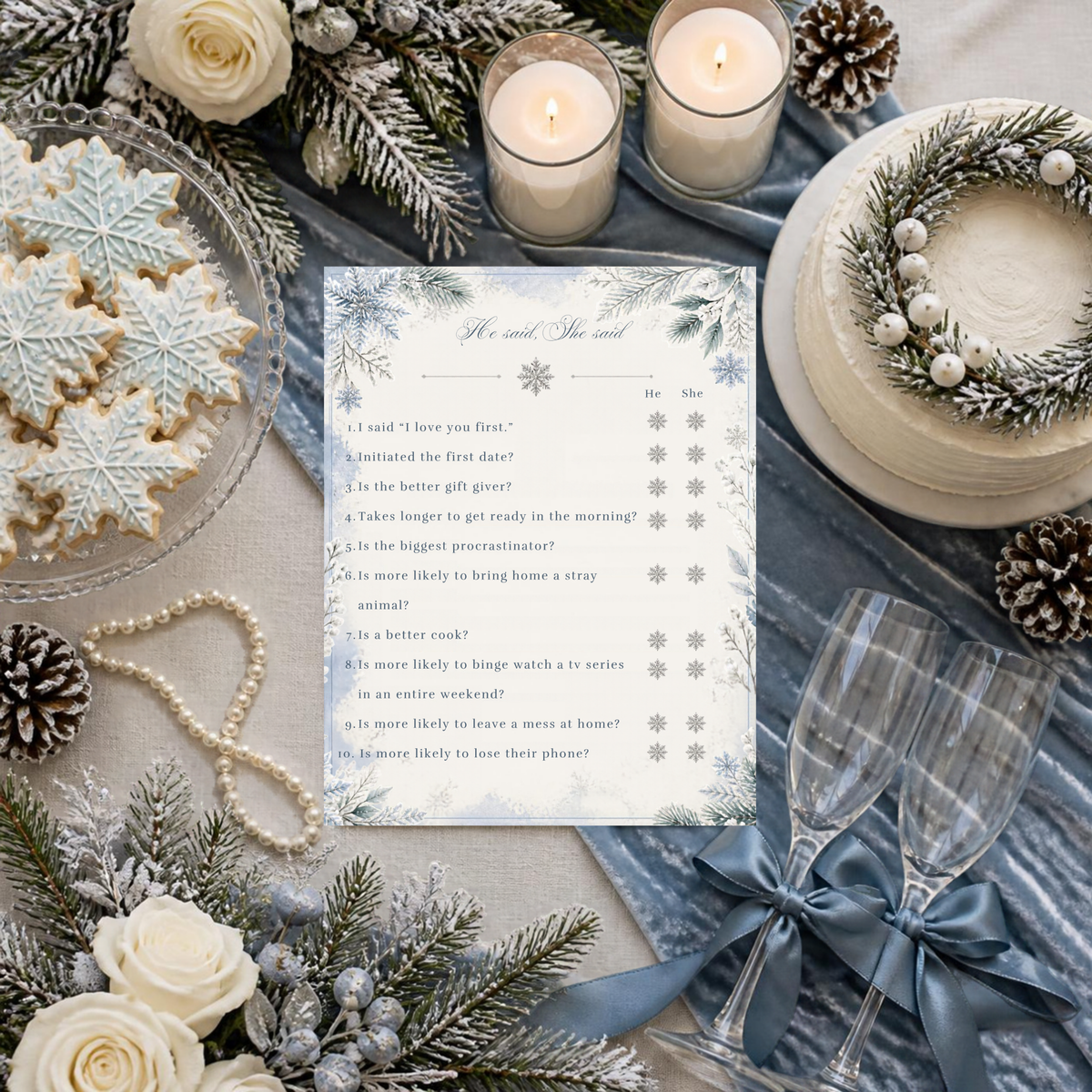 Snow In Love He Said She Said winter bridal shower game