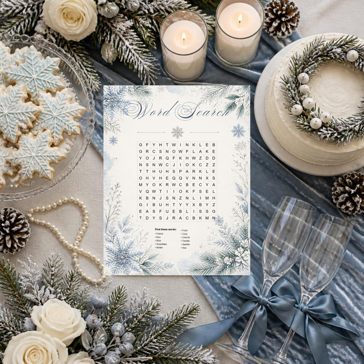 Snow In Love winter bridal shower word search game