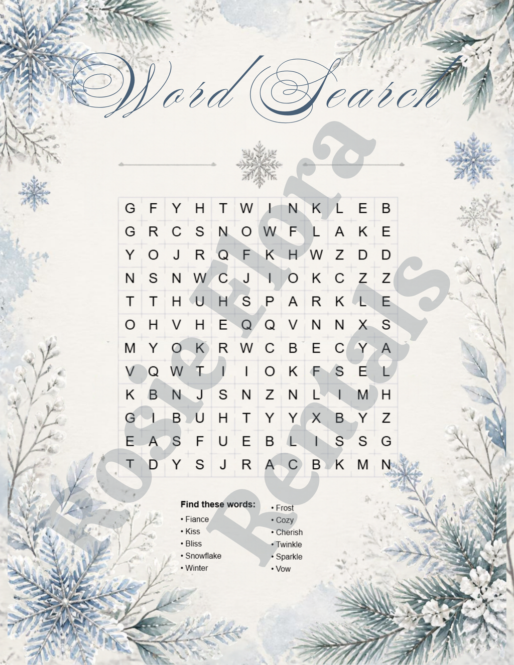 Snow In Love bridal shower word search printable