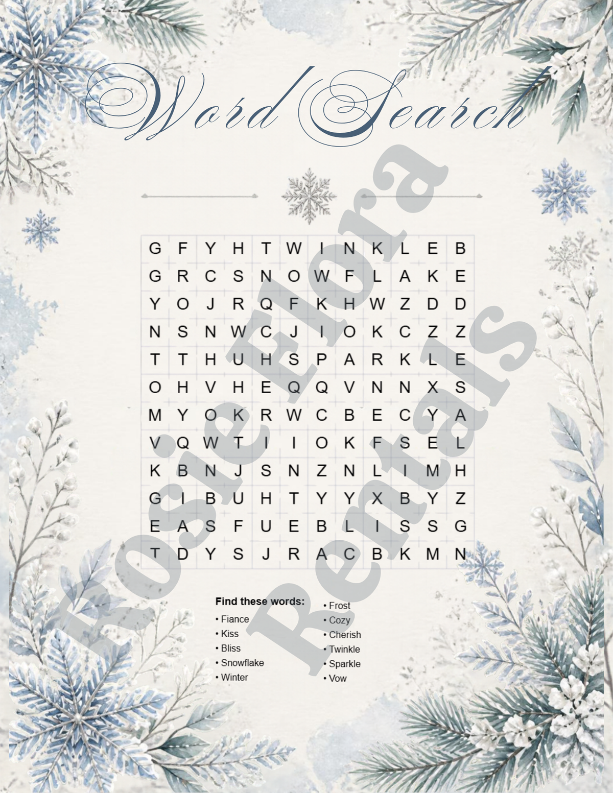 Snow In Love bridal shower word search printable