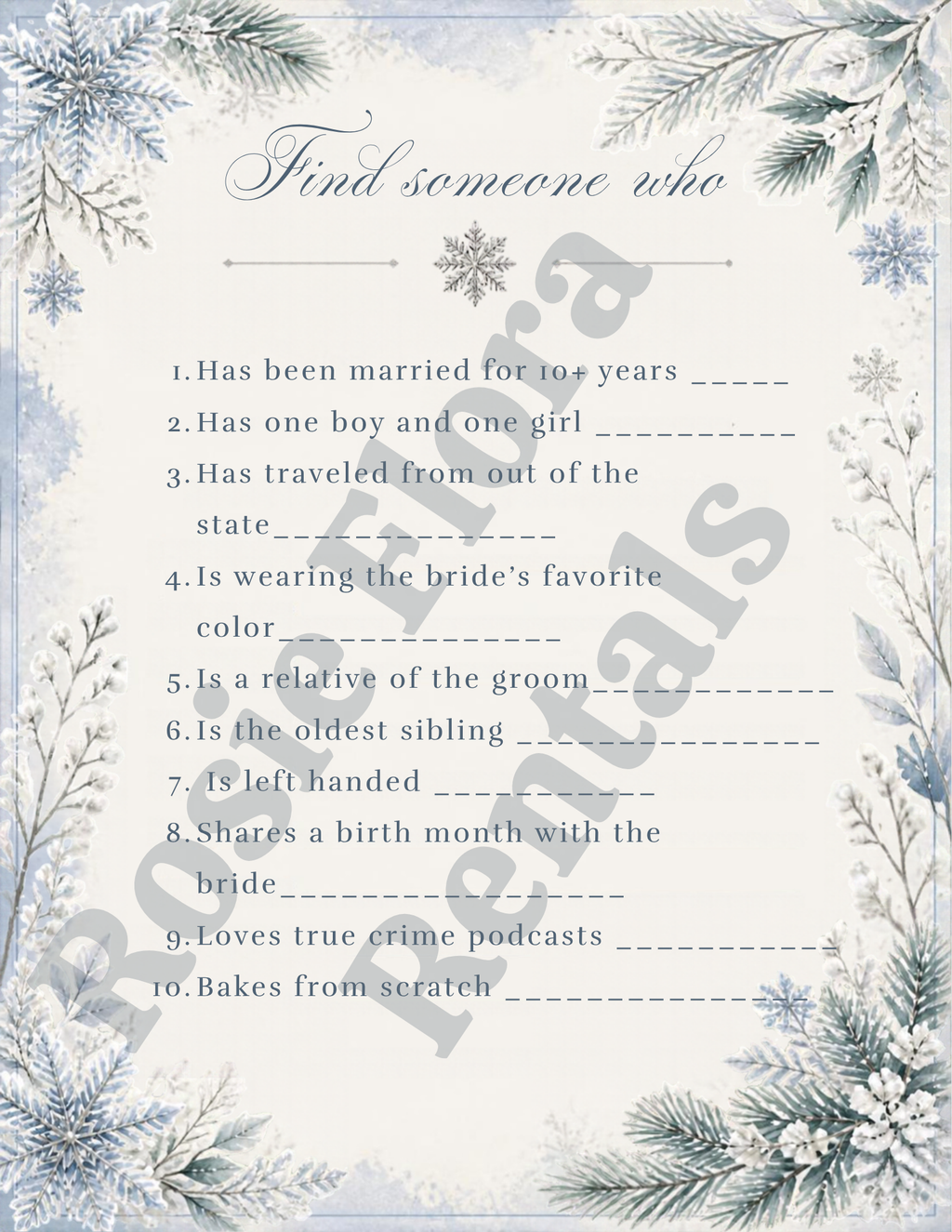 Snow In Love Find Someone Who winter bridal shower game