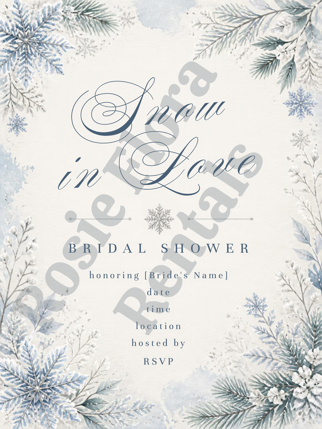 Snow In Love winter bridal shower invitation, editable Canva template