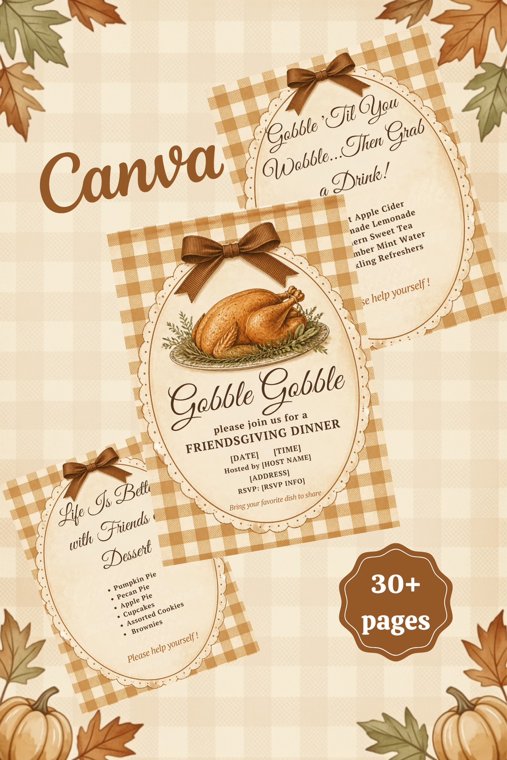 Gobble Gobble gingham Friendsgiving invitation and menu printables