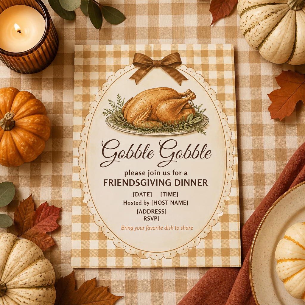 Friendsgiving Invitation & Menu Set | Editable Canva Template | Gobble Gobble Gingham Printable